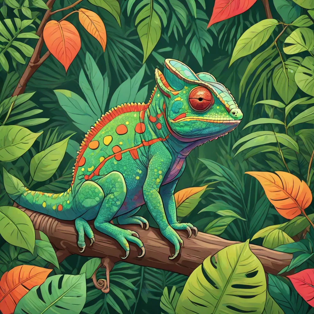 a painting of a green and orange lizard on a branch in a jungle setting with leaves and plants surrounding it, psychedelic art, a digital painting, Chris LaBrooy, highly detailed digital painting