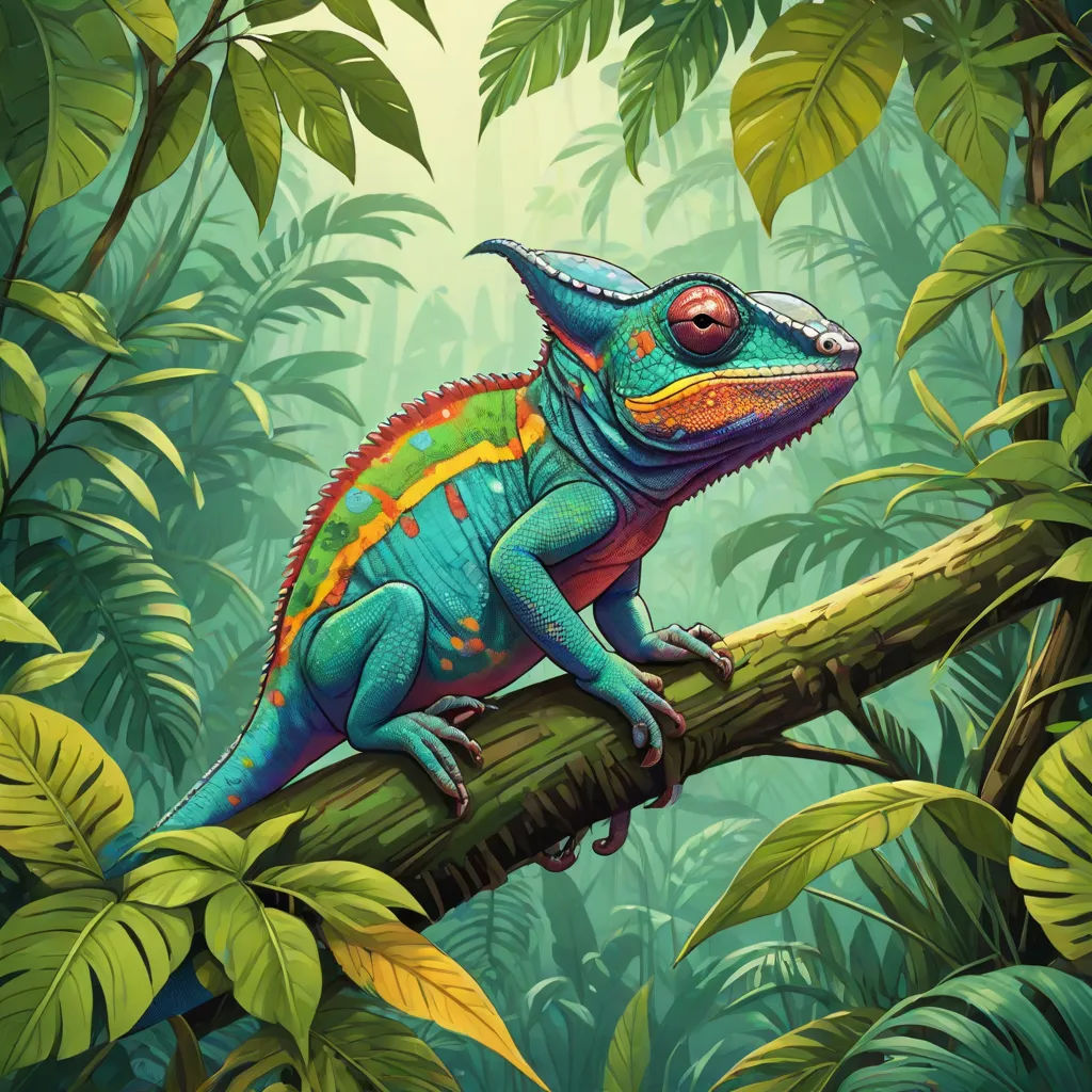 a colorful lizard sitting on a branch in a jungle setting with green leaves and plants surrounding it, with a bright red eye, fantasy art, a digital painting, Adam Rex, highly detailed digital painting