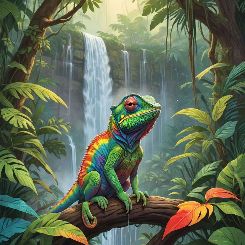 a colorful lizard sitting on a branch in front of a waterfall with a waterfall in the background and a waterfall in the background, fantasy art, a digital painting, Chris LaBrooy, magic the gathering artwork
