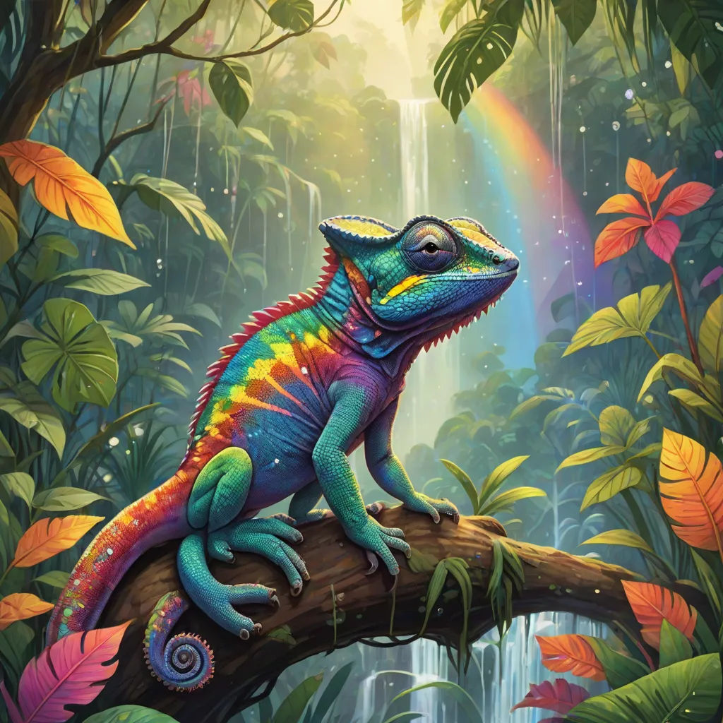 a colorful lizard sitting on a tree branch in a jungle with a rainbow in the background and a waterfall in the background, fantasy art, a character portrait, Chris LaBrooy, magic the gathering artwork
