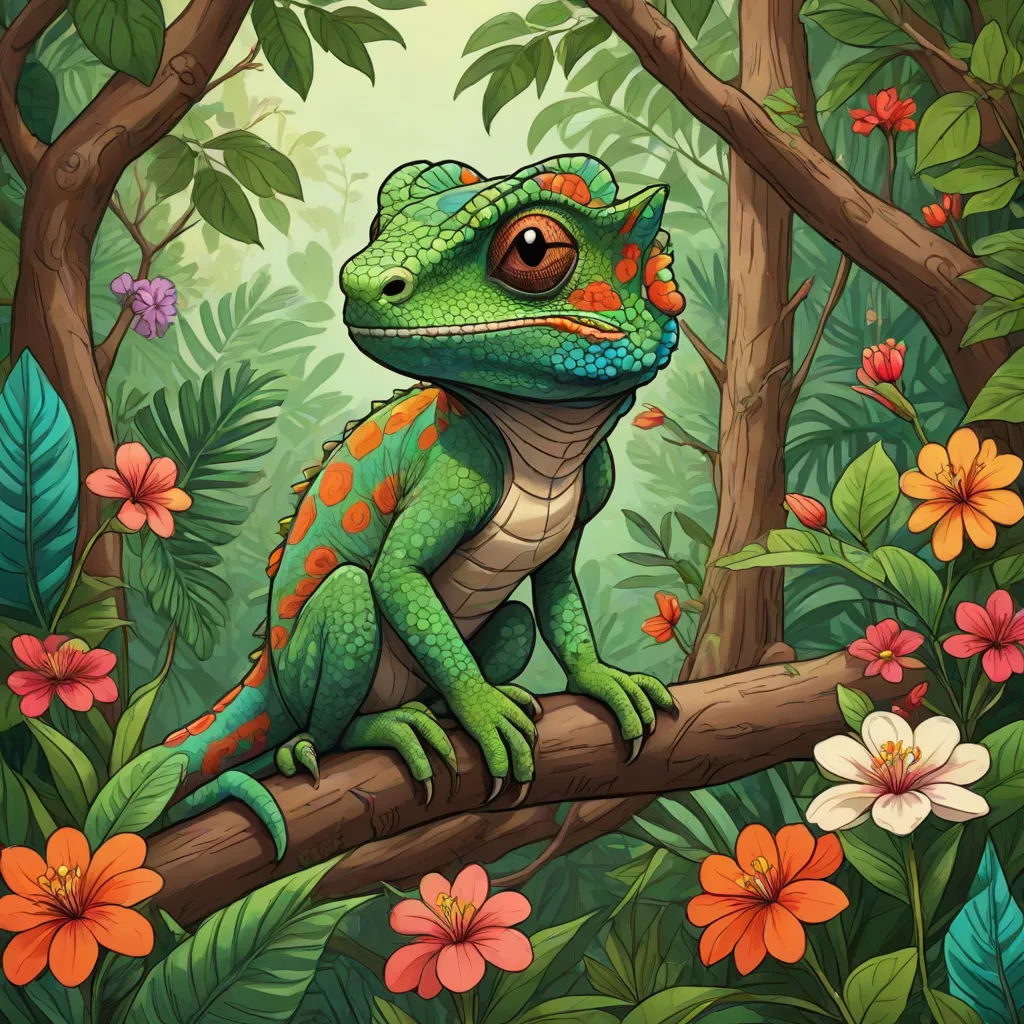 a green and orange lizard sitting on a branch in a forest with flowers and trees around it, with a green background, psychedelic art, a storybook illustration, Chris LaBrooy, highly detailed digital painting