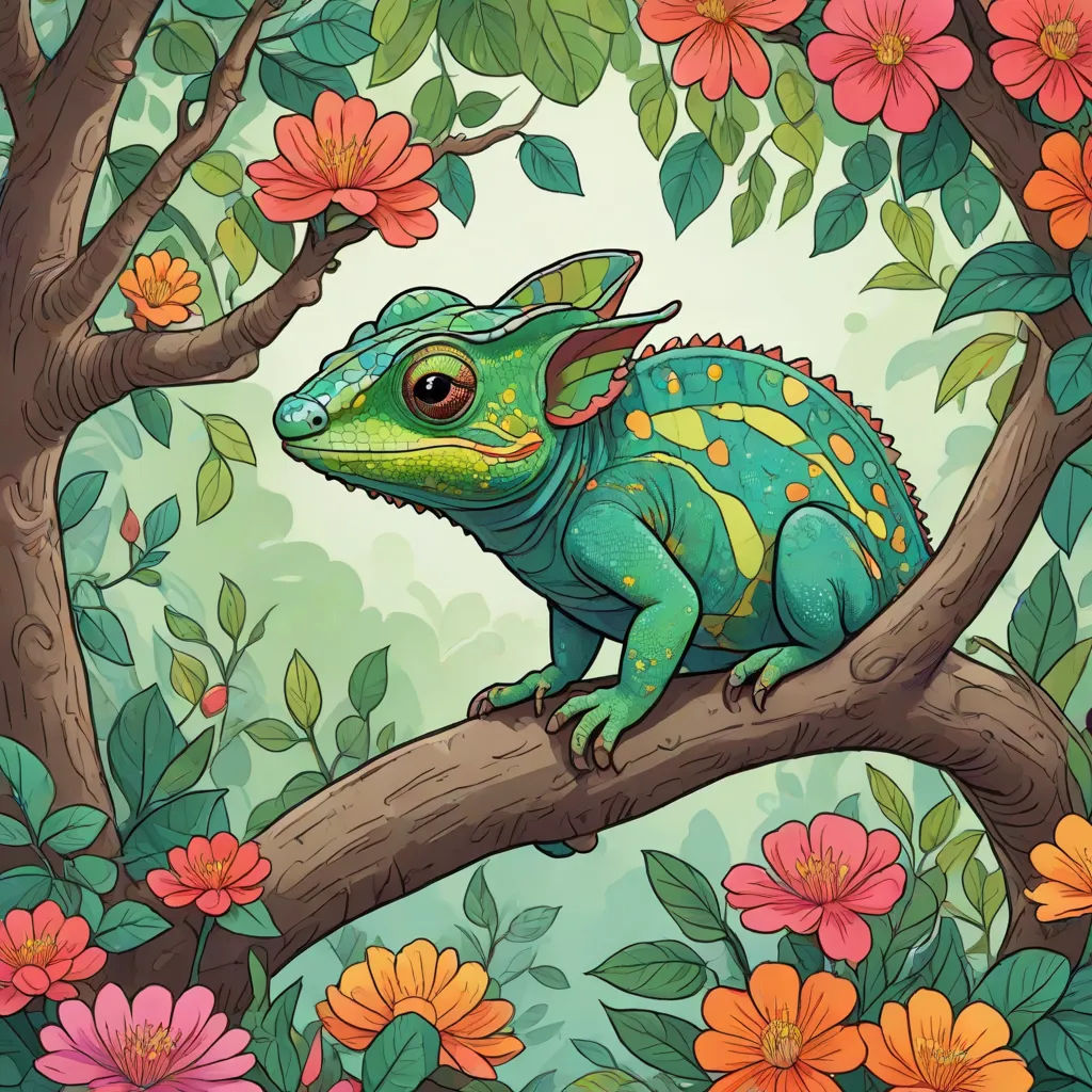 a colorful lizard sitting on a branch of a tree surrounded by flowers and leaves, with a green background, fantasy art, a storybook illustration, Adam Rex, high detail illustration
