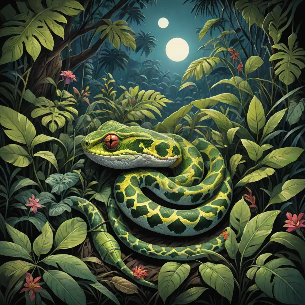 a painting of a green snake in a jungle with a full moon in the background and flowers and leaves, naturalism, an illustration of, Chris LaBrooy, josan gonzales and dan mumford