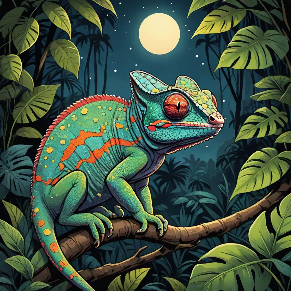 a colorful chamelon sitting on a branch in the jungle at night with a full moon in the background, psychedelic art, an illustration of, Dan Mumford, highly detailed digital painting