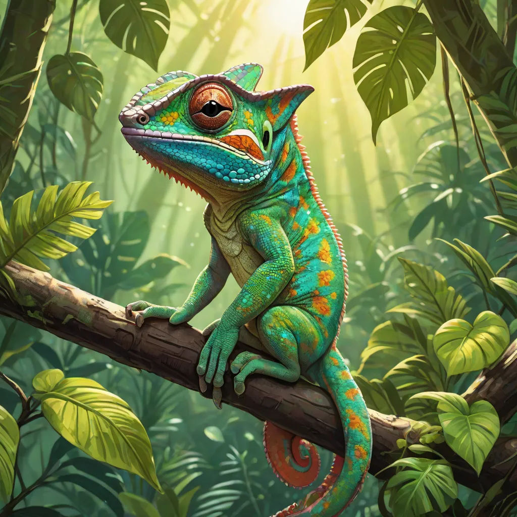 a colorful lizard sitting on a branch in a jungle setting with sunlight streaming through the leaves and plants behind it, fantasy art, a digital painting, Chris LaBrooy, highly detailed digital painting