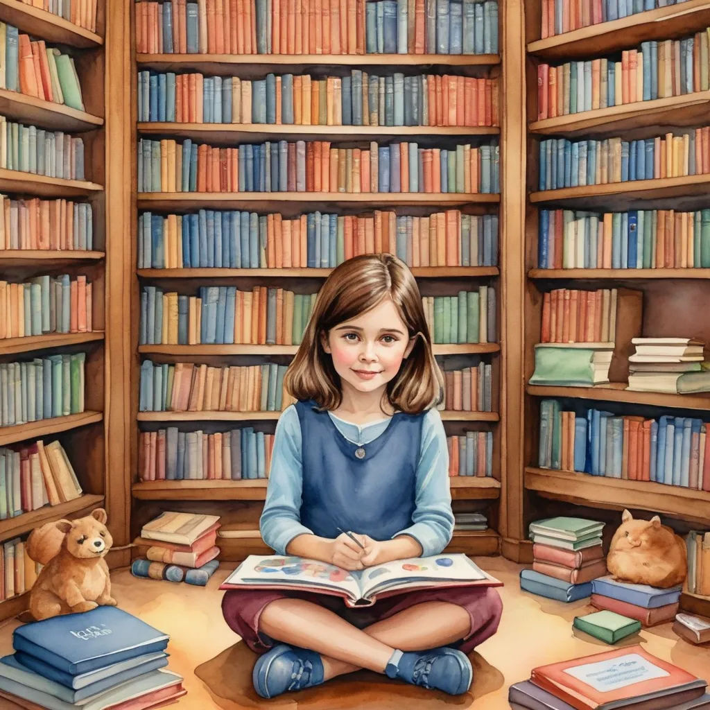 a painting of a girl sitting on the floor reading a book in a library with a cat and teddy bear, fantasy art, a storybook illustration, Bob Byerley, storybook illustration