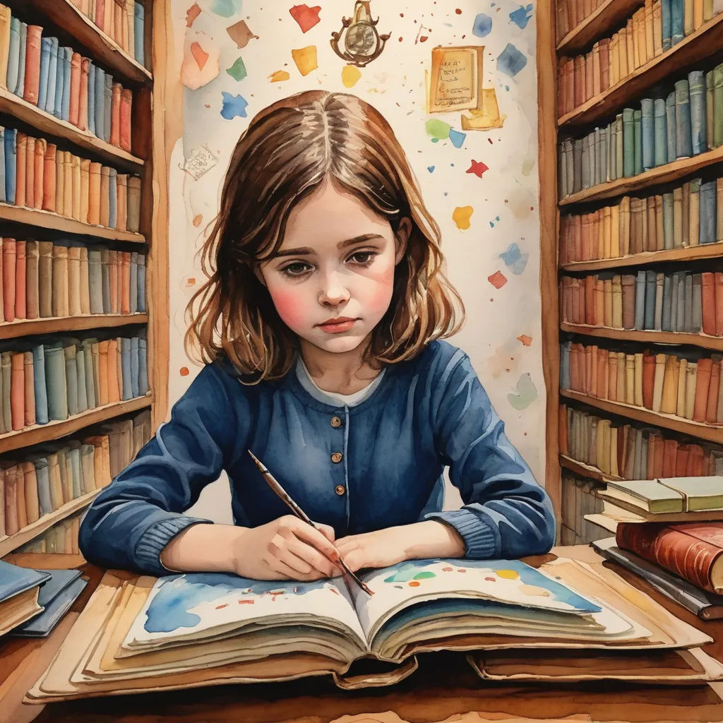 a painting of a girl sitting at a table with a book and pen in front of her, in front of a bookshelf full of books, fantasy art, a storybook illustration, Bob Byerley, in gouache detailed paintings