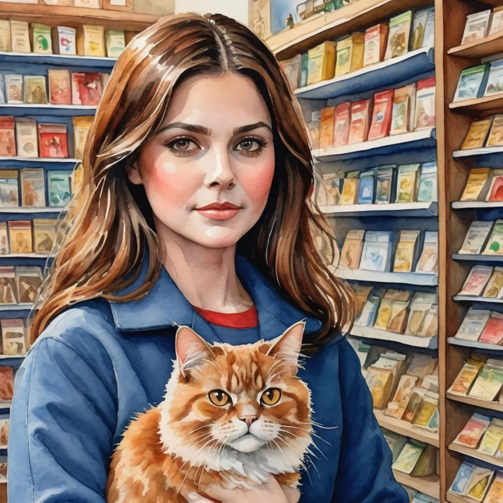 a painting of a woman holding a cat in a store aisle with shelves of books and cards on the shelves, figurative art, a fine art painting, Annabel Eyres, in gouache detailed paintings