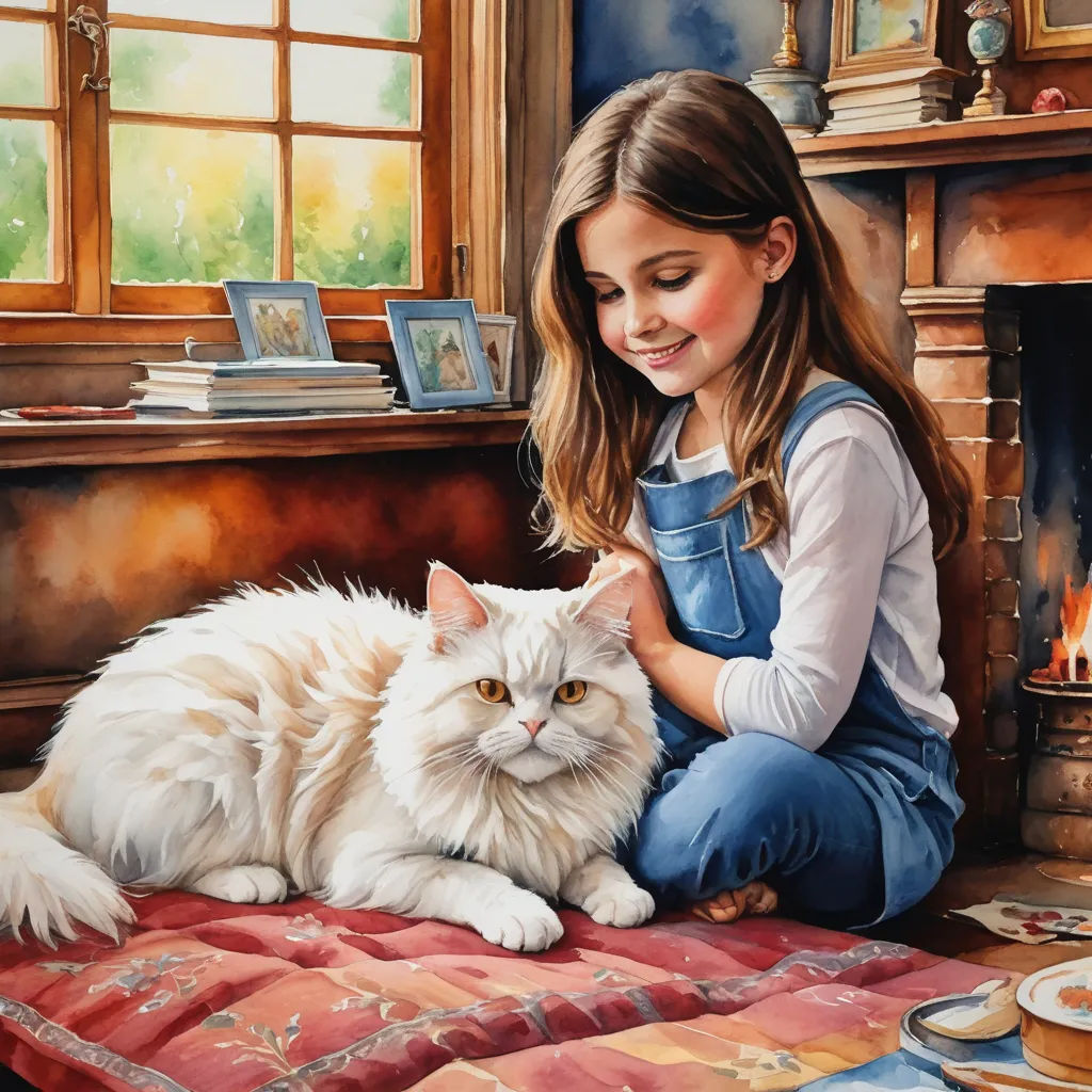 a painting of a girl sitting on a bed with a cat in front of her and a fireplace in the background, figurative art, a fine art painting, Bob Byerley, extremely detailed oil painting