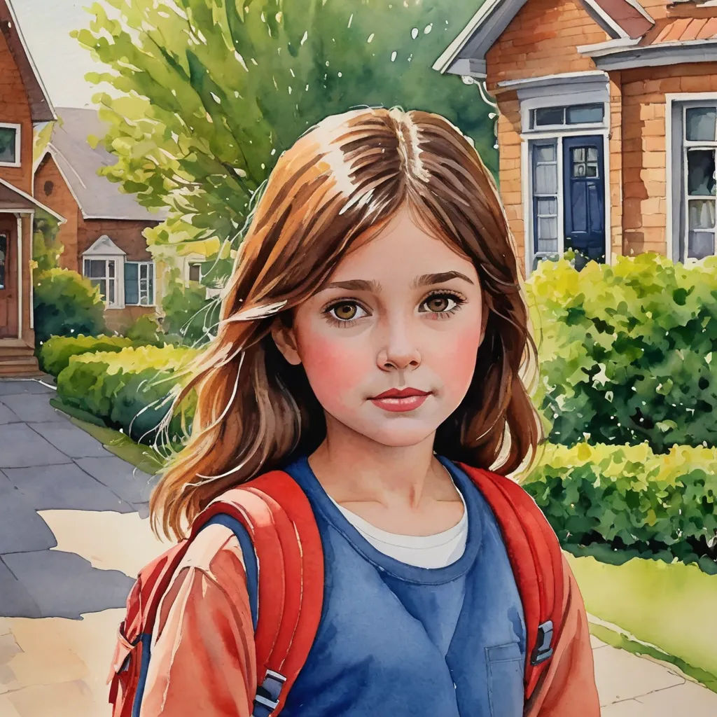 a painting of a girl with a backpack on a sidewalk in front of a house with a tree and bushes, photorealism, a detailed painting, Bob Byerley, in gouache detailed paintings