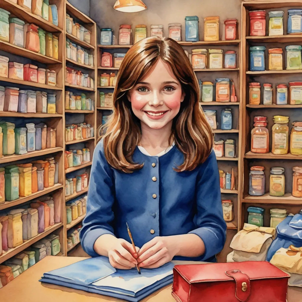 a painting of a girl sitting at a desk in a store with a red box and a red box, naive art, a storybook illustration, Bob Byerley, storybook illustration