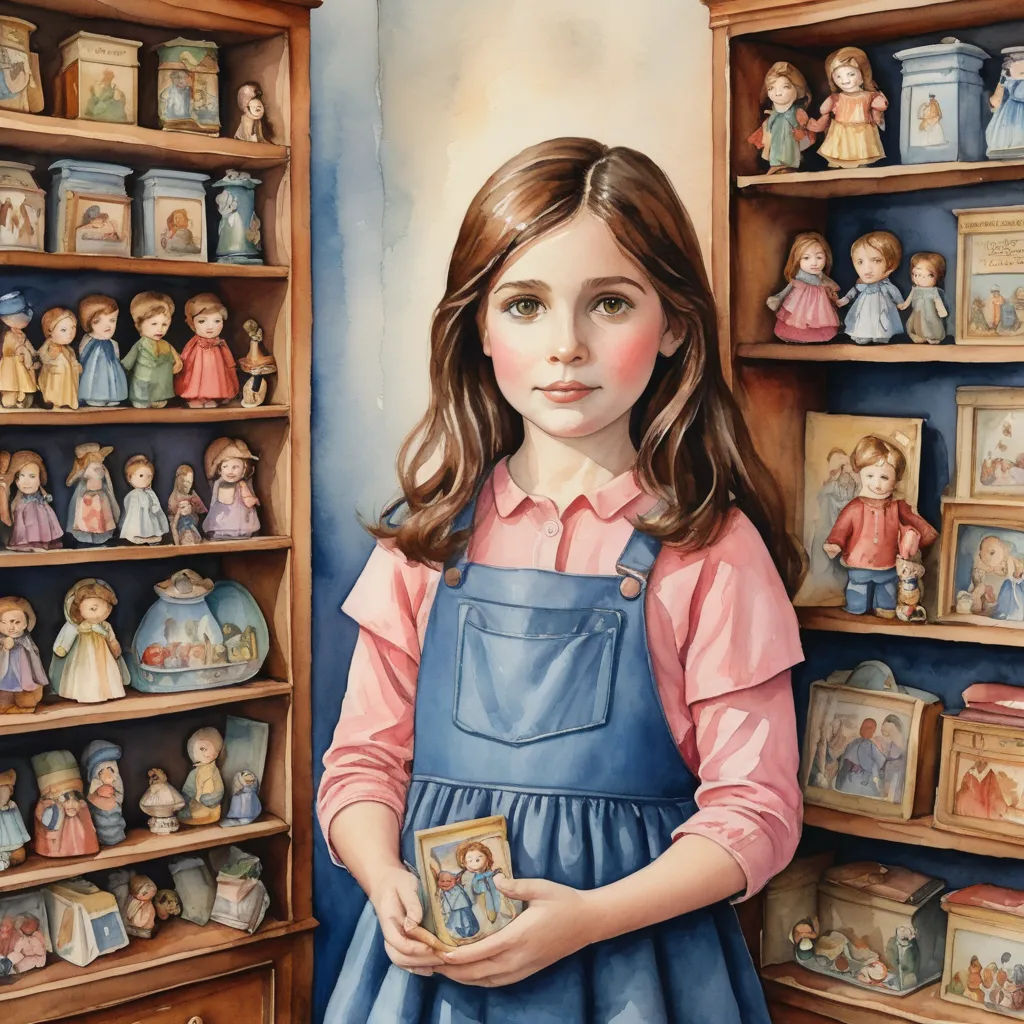 a painting of a girl in a blue dress holding a picture of a doll in a shelf of dolls, figurative art, a detailed painting, Bob Byerley, highly detailed oil painting