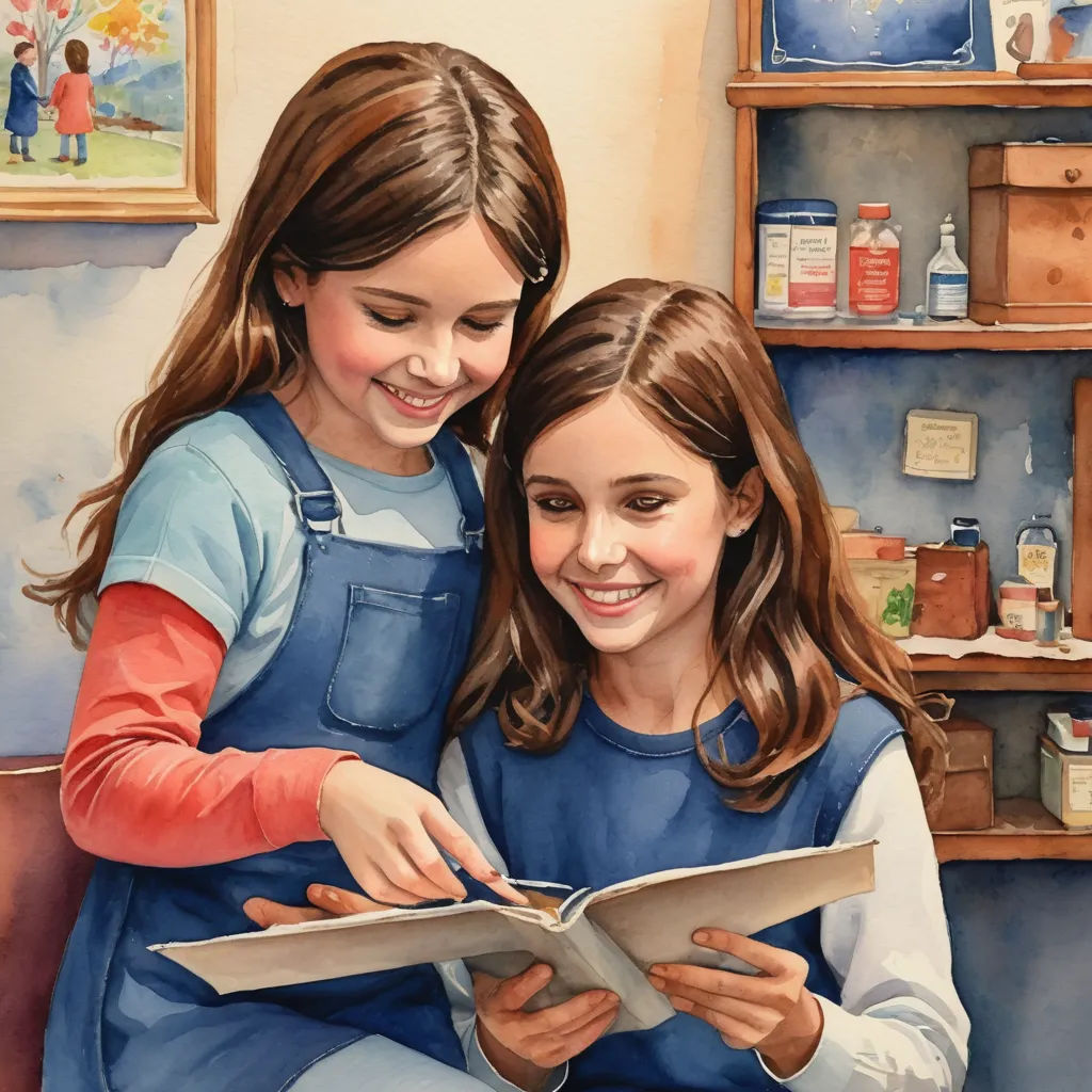 a painting of two girls reading a book together in a room with shelves of books and other items on the wall, american scene painting, a storybook illustration, Bob Byerley, storybook illustration
