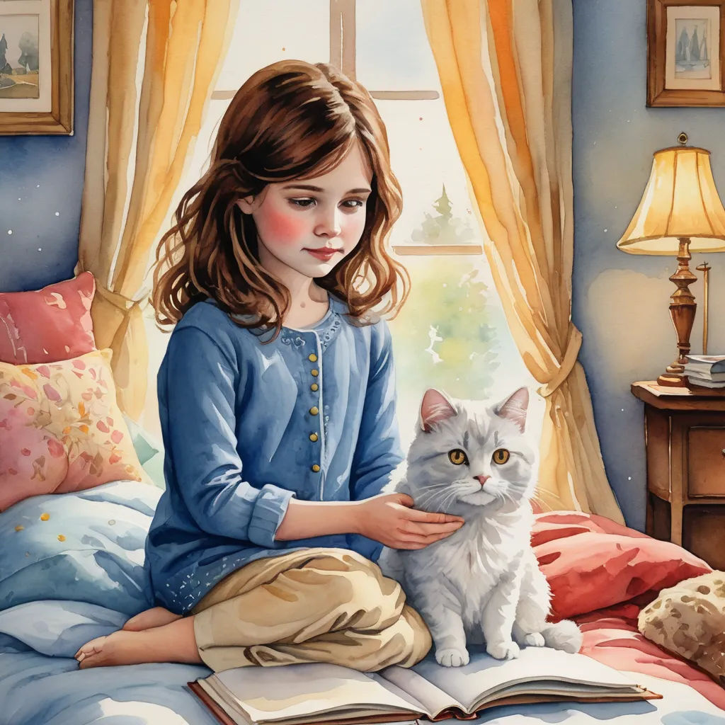 a painting of a girl sitting on a bed with a cat and a book in her hands, looking at the viewer, figurative art, a storybook illustration, Bob Byerley, storybook illustration