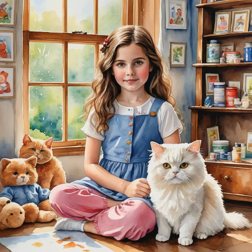 a painting of a girl sitting on the floor with a cat and teddy bears in front of her and a teddy bear on the floor, photorealism, a photorealistic painting, Bob Byerley, highly detailed oil painting