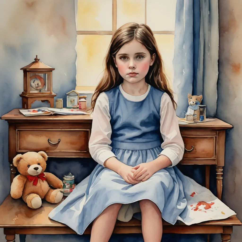 a painting of a girl sitting on a desk with a teddy bear and a clock on it's side, figurative art, an ultrafine detailed painting, Elizabeth Durack, highly detailed oil painting