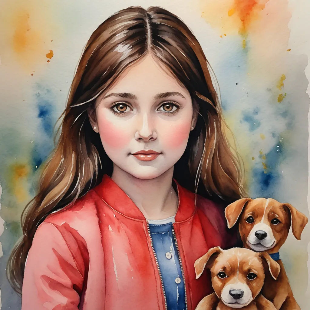 a painting of a girl holding a dog in her arms with a watercolor background behind her and a watercolor background behind her, figurative art, a watercolor painting, Carol Sutton, detailed painting