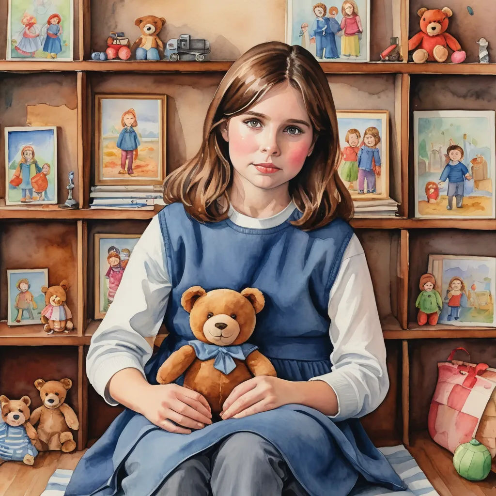 a painting of a girl holding a teddy bear in front of a wall of pictures of children's toys, figurative art, an ultrafine detailed painting, Bob Byerley, highly detailed oil painting