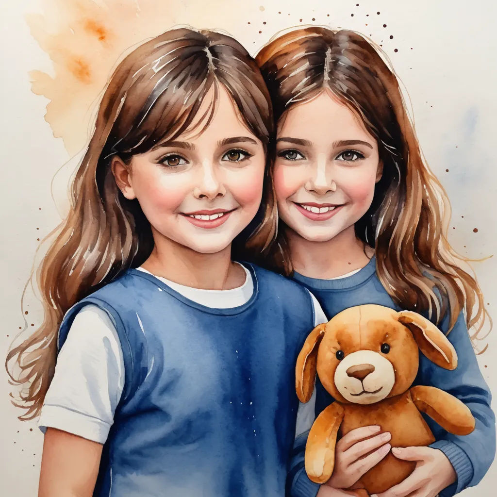 two girls are holding a teddy bear in their hands and smiling at the camera, with a watercolor background, hyperrealism, an airbrush painting, Caroline Lucy Scott, detailed painting