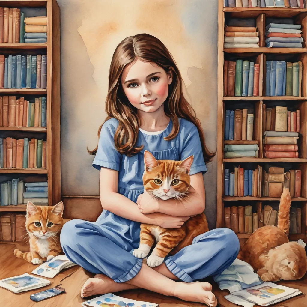 a painting of a girl sitting on the floor with two cats and a bookcase behind her, with books on the floor, figurative art, a storybook illustration, Bob Byerley, storybook illustration