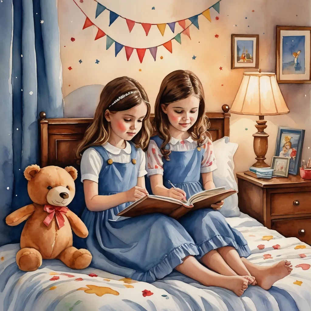 two girls sitting on a bed reading a book together with a teddy bear nearby on the bed and a lamp on the nightstand, art & language, a storybook illustration, Bob Byerley, storybook illustration