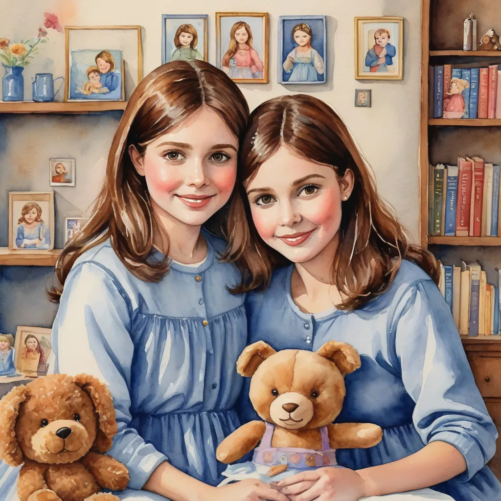two girls are sitting next to each other holding a teddy bear and a teddy bear in front of them, figurative art, a photorealistic painting, Bob Byerley, highly detailed oil painting