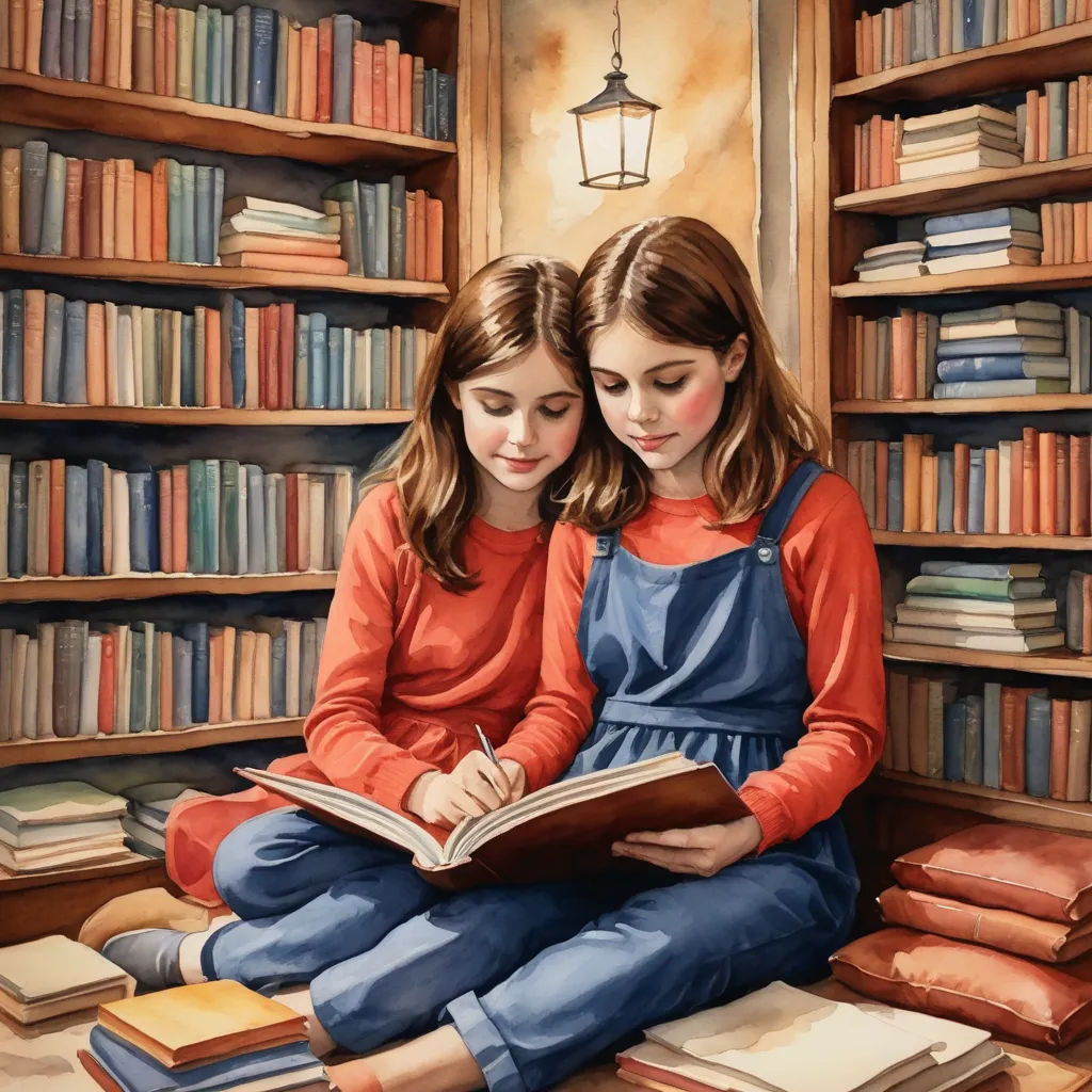 two girls sitting on the floor reading a book together in a library with bookshelves in the background, fantasy art, a storybook illustration, Bob Byerley, storybook illustration
