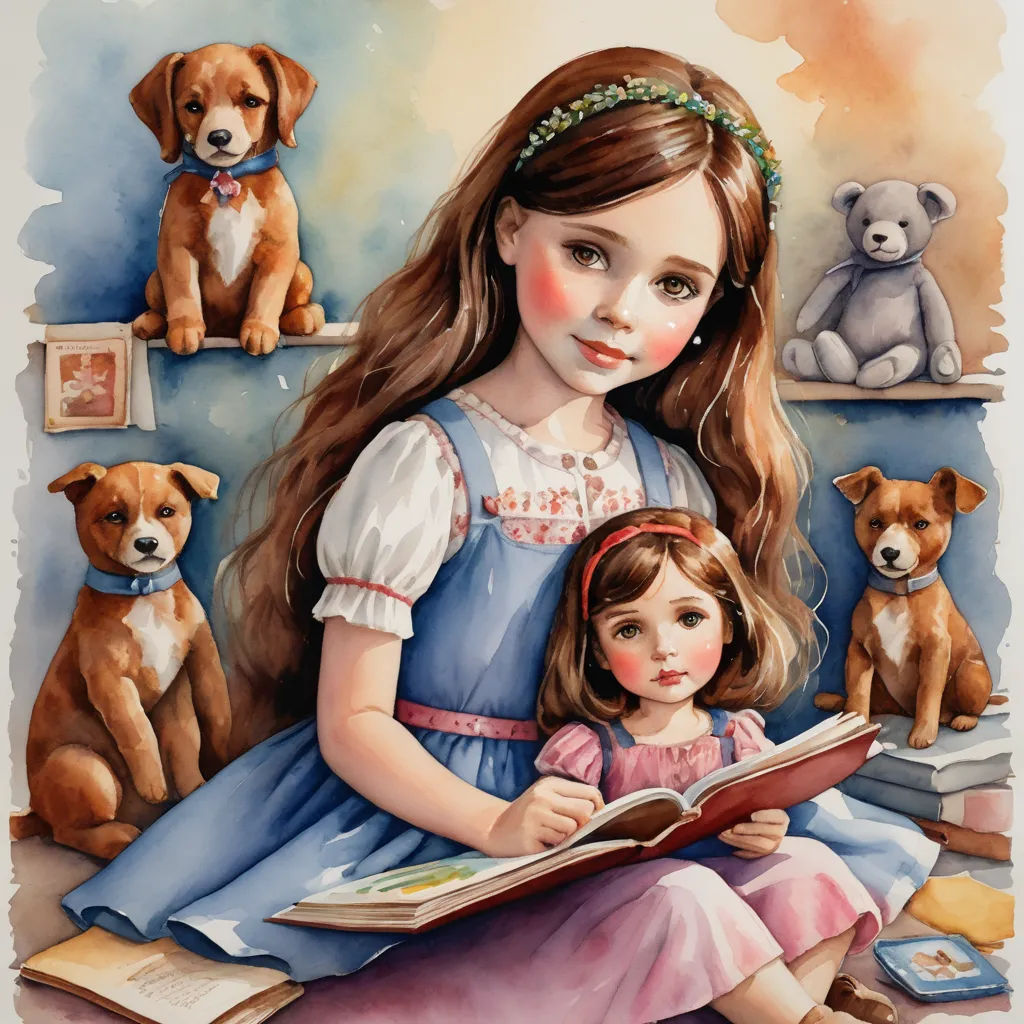 a painting of a girl reading a book with her dog and teddy bears behind her on a wall behind her, naive art, a storybook illustration, Bob Byerley, storybook illustration