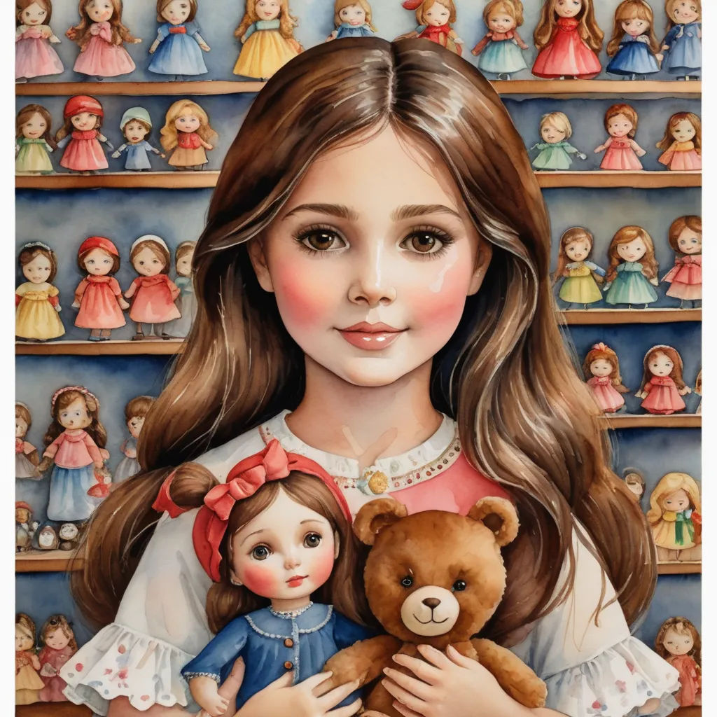 a painting of a girl holding a teddy bear in front of a shelf of dolls and dolls on shelves, naive art, a storybook illustration, Bob Byerley, highly detailed oil painting