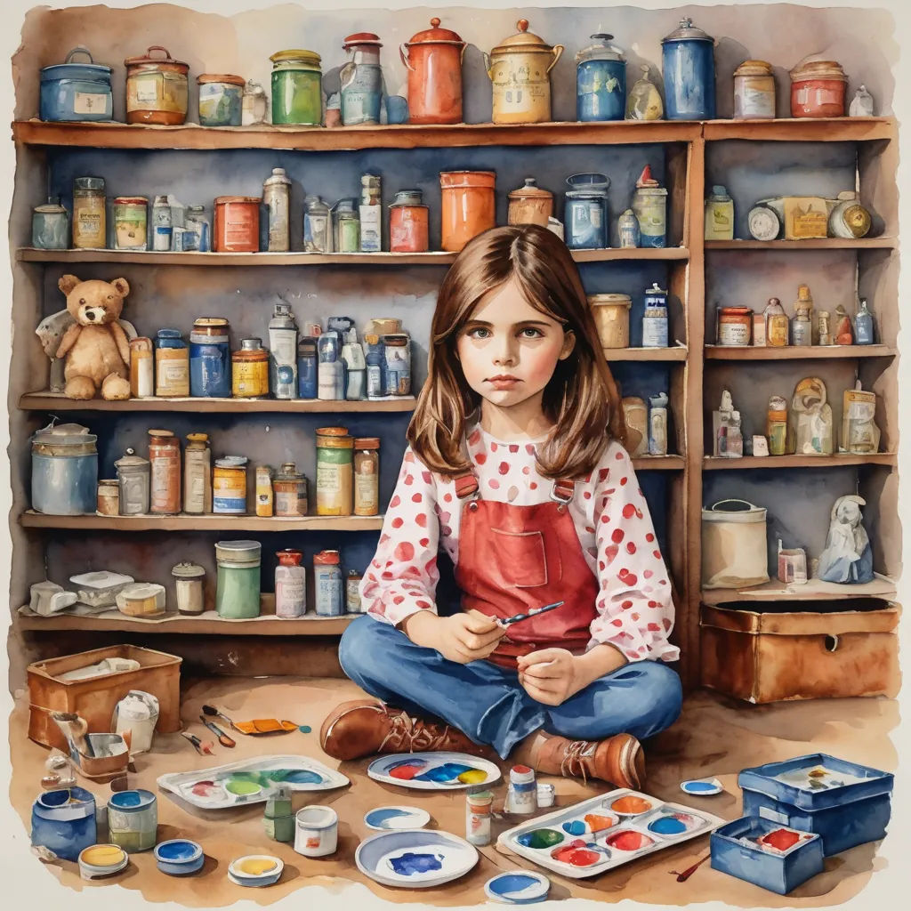 a painting of a girl sitting on the floor with paint and brushes in front of a shelf full of jars, figurative art, a detailed painting, Bob Byerley, highly detailed oil painting