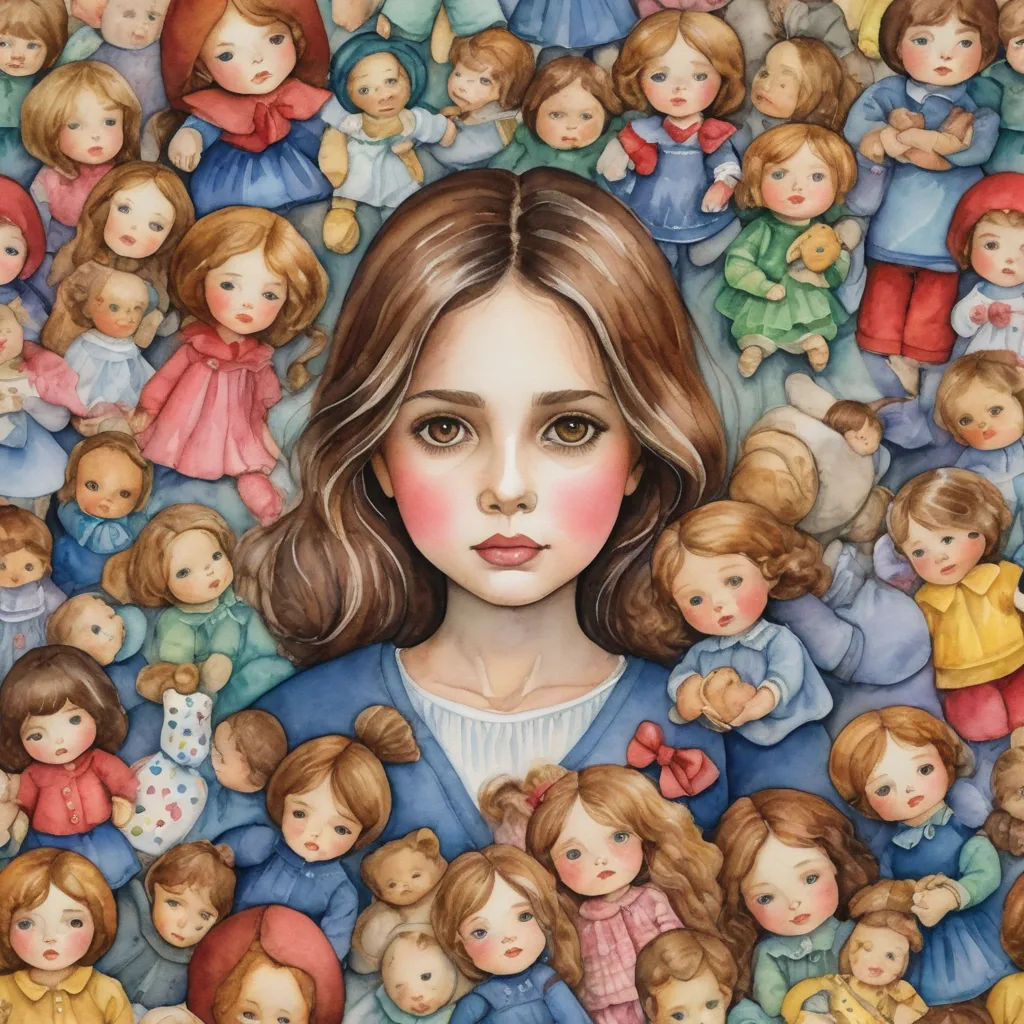 a painting of a girl surrounded by many dolls and babies, with a blue shirt on and a white shirt on, naive art, an ultrafine detailed painting, Clarice Beckett, detailed illustration
