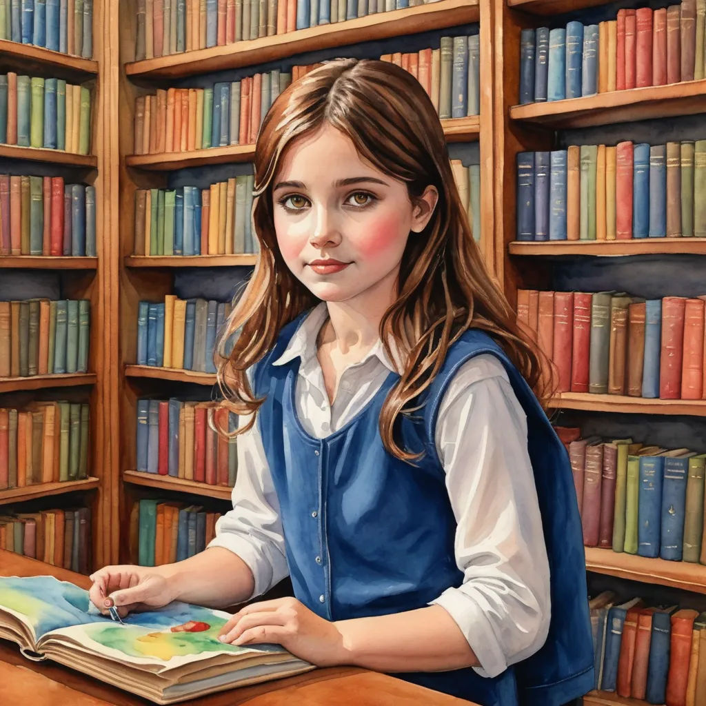 a painting of a girl reading a book in a library with bookshelves behind her and a bookcase full of books, figurative art, a storybook illustration, Bob Byerley, storybook illustration