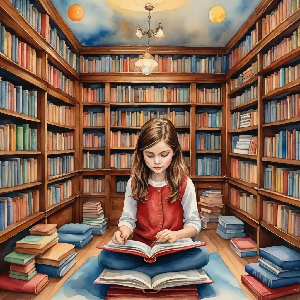 a painting of a girl reading a book in a library with lots of books on the shelves and a chandelier, fantastic realism, a storybook illustration, Bob Byerley, storybook illustration