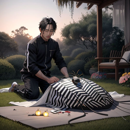 a man sitting on a blanket with a zebra print bag on it and a light bulb plugged in