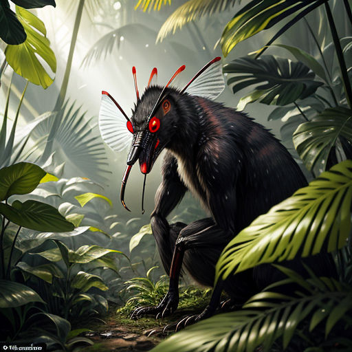 a creature with red eyes in the jungle with plants and leaves around it, with a bug like creature in the foreground