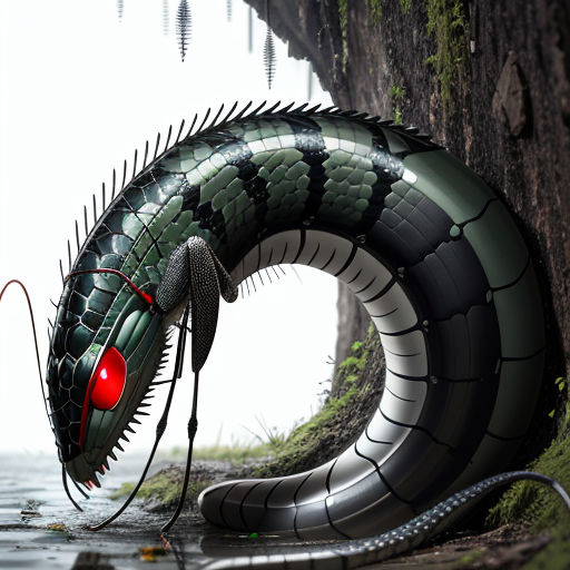 a snake like object is in the water near a tree and a body of water with a red eye