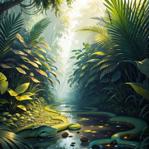 a painting of a jungle scene with a river and a snake in the water and lots of plants and foliage