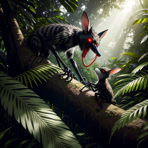 a rat and a mouse on a tree branch in the jungle with red eyes and a red light on their eyes