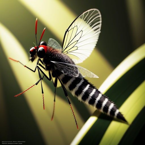 a close up of a insect on a leaf with a blurry background behind it and a red and black stripe on the back of the insect