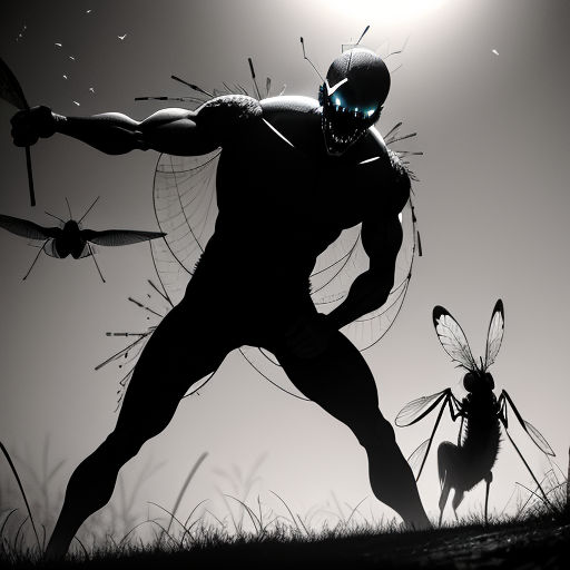 a man with a mask on holding a sword in front of a spider and a fly insect in the air