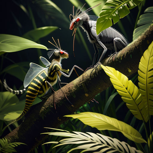a couple of animals that are on a tree branch together in the jungles of a tropical island with leaves