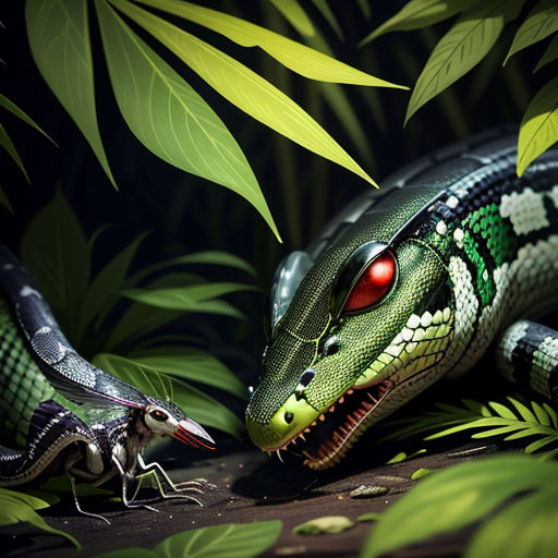 a snake and a lizard are in the jungle together, with red eyes and green leaves surrounding them,