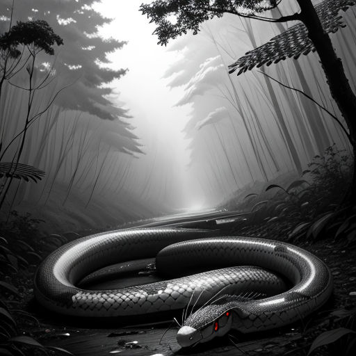 a snake is curled up in the middle of a forest with a light coming through the trees and fog