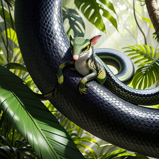a lizard is sitting on a tree branch in a jungle with a snake on it's back and a snake on its back