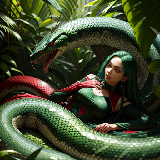 a woman with green hair and a green snake on her shoulder, sitting in a jungle with green leaves