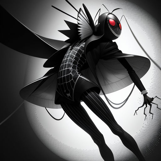 a black and white picture of a woman with a strange face and wings on her body, with a spider crawling on her leg