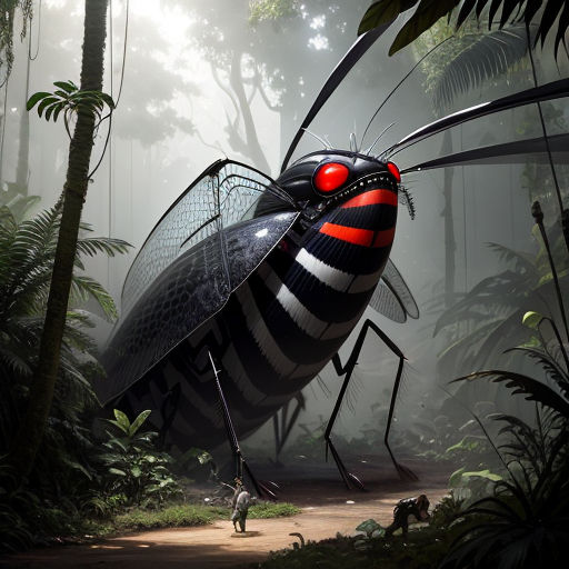 a large insect with a red eye standing in a forest of trees and plants, with a person walking by