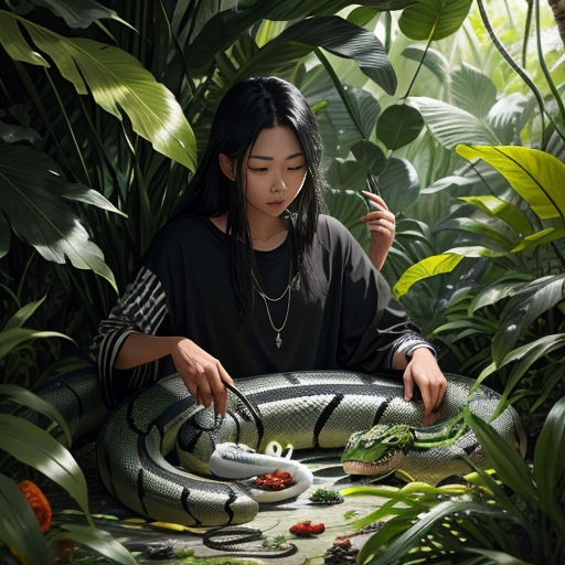 a woman is holding a snake in a jungle with a cigarette in her hand and a cigarette in her mouth