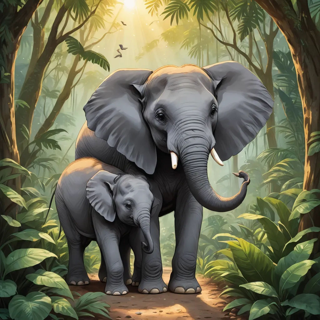 a couple of elephants standing in a forest with trees and birds flying overhead in the background of the painting, sumatraism, a storybook illustration, Chris LaBrooy, highly detailed digital painting
