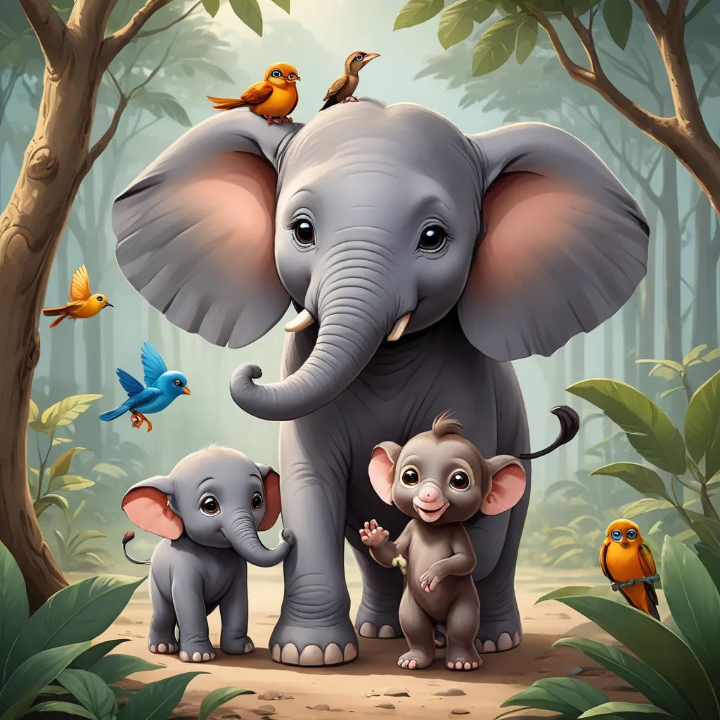 a baby elephant standing next to an adult elephant and a baby elephant in a forest with birds on a tree, sumatraism, a storybook illustration, Amédée Ozenfant, highly detailed digital painting
